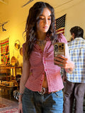 Fongt Cloth Forget British Wind Wood Ear V-Neck Check Shirt Temperament Waist Button Bubble Sleeve Top