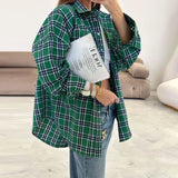 Fongt New Vintage Plaid Shirt Women's Casual Plaid Top Versatile Lapel Loose Medium Long Shirt-Outfit