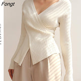 Sexy Deep V-neck Knitted Sweater Women Elegant White Pullover Irregular Korean Sweaters Slim Fit Elastic Knitwear