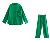 New Women Simply Stand Collar Solid Green Casual Kimono Shirt Female Pocket Patch Blouse Roupas Chic Blusas Tops