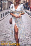 Winter Long Floral Print Dress Robe for Women 2023 Casual Long Sleeve Split Dress Female Boho Elegant Maxi Party