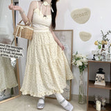 Fresh Floral Fungus A-line Skirt for Women High Waist Ruched Cake Skirts 2024 Summer New Mid-length Lloose Faldas Mujer-Outfit
