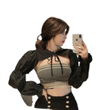 Fongt Summer New Short Black Bow Long-Sleeved Sun Shawl Women Design Bubble Sleeve