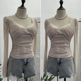 Pure-Want Wind Belt Chest Mat Lace Splicing Mesh Yarn Long-Sleeved T-Shirt Short Slim Top
