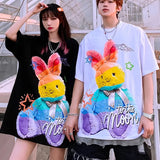 Cute Rainbow Rabbit Graffiti T Shirts Men Women Oversized Short Sleeve Casual Tops Harajuku Street Kawaii Graphic Tee-Outfit