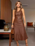 Fongt Summer 2024 Fashion Leather Sleeveless Crop Top High-Waisted Skirt Suit-Outfit
