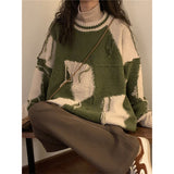 Patchwork Sweater Women Harajuku Tassel Oversized Knitted Pullovers Streetwear Korean Casual Knitwear All Match Jumpers-Outfit