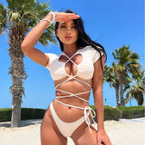 2023 New Drawstring Strap Hollow Striped Split Swimsuit Bikini