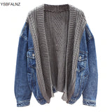 Autumn 2022 Loose Sweater Stitching Denim Coat Women's Long Sleeve Knitted Cardigan Korea Jacket Women Large Size
