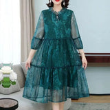 New Casual Half Sleeve Midi Dress Vintage Printed Women's Clothing Ruffles Spliced Stylish Drawstring Loose Gauze Dresses-Outfit