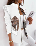 Fongt Explosion Autumn And Winter Lotus Leaf Side Long Sleeve Zipper Print Suit Small Coat