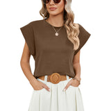 2024 New Round Collar Solid Color Shoulder-Inserted Sleeve Casual T-Shirt-Outfit