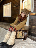 Brown V-neck Letter Print Oversize Sweater-Outfit