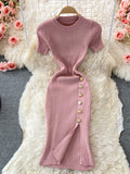 Fongt Version Of The Solid Color Collar Buckle Body Short Sleeve Elastic Knitted Forked And Left-Sleeved Dress 0022