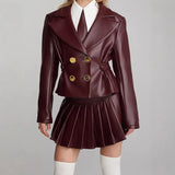 The New Burgundy Short Jacket Jacket Pleated Skirt Suit Female-Outfit