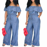 Women Sleeveless Off Shoulder Denim Jumpsuit Homewear Casual OL Romper Playsuit Overalls Plus Size