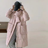 Scarf Long Down Jacket Female 2024 Winter Korean Sweet Thick Pocket Over The Knee White Duck Down High-End Coat-Outfit