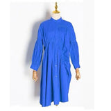 Drawstring Elegant Dress For Women Stand Collar Puff Sleeve Casual Loose Dresses Female Fashion New Spring