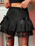 Dark Lace Gothic High Waist Pleated Mini Skirts Harajuku Black E-Girl Sweet A-Line Micro Skirt Patchwork Women Sexy