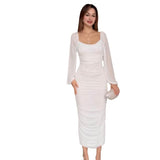 Fongt 2025 New Women's Folds Solid Color Waist Temperament Fashion Dress Women