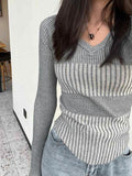 Ribbed Patchwork V Neck Slim Long Sleeve Knit-Outfit