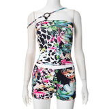 Fongt Women's Spring And Summer Irregular Ring Buckle Slings Printed Dew Short-Short