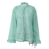 Fongt Women's Clothing Explosion Long-Sleeved Hair-Collar Single Buckle Top