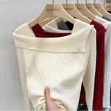 Word Shoulder Knitted Bottom Sweater Underwear Sweater Autumn And Winter Minority Design Chic Short Blouse-Outfit