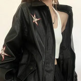 Vintage Embroidered Star Pu Leather Jacket-Outfit