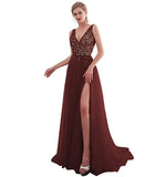Fongt Wishebayshopee Pink Embroidered Beads Sexy Deep V-Squins Evening