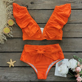 2025 New Solid Color Split Body Swimsuit Female Heavy Industry Pressure Line Lotus Edges Sexy Bikini