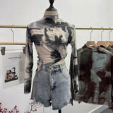 Real Shooting Wave Side Half-High Collar Net Yarn Dyed Long Sleeve Thin Inside The Bottom Shirt Autumn And Winter Folded T-Shirt