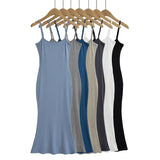 Trendy Women's Dress Hot Girls Sexy Basic Solid Color High Waist Show Thin Medium-Long Halter Skirt Hip Dress-Outfit