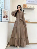 Fongt High-End Retro Collar Single Buckle Lantern Sleeve Dress Women's Hollow Lace To Receive Long Waist Skirt