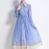 Fongt Light Luxury Tidive Lace Splicing Single-Ditch Lantern Sleeve Dress Female Waist Temperament Elegant Dress