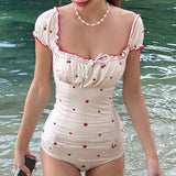 Desire Atmosphere Feeling Cherry Printed Wood Ear Splicing Swimming Suit Square Collar Back Dewy Back Design Sexual Bubble Sleeve Jumpsuit-Outfit