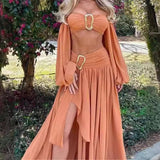 Fongt Explosive Women's Exotic Style Tective Chest Long Sleeve Dress Half-Dress Set