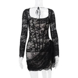 Black Long Sleeve Lace Bodycon Drape Mini Dress-Outfit
