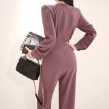 V-Neck Women Business Jumpsuits Stylish Office Lady Female Wide Leg Pants Playsuit