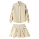 Fongt For Women's Clothing INS Explosive Temperament Collar Buckle Shirt Leaf-Side Skirt Set