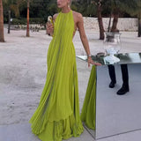 Fongt Women's New Women's Clothing Solid Color Round Neckless Sleeve Sexny Beach Long Dress 8099