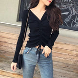 Sping V-neck Shirt Korean Long Sleeve Drawstring Knit Sweater