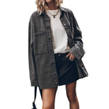 Fongt Women's Retro Long-Sleeved Denim Jacket Blue Big Pocket Casual Shirt Lady