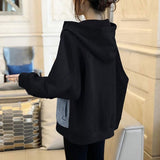Solid Color Denim Coats Patchwork Female Spring Autumn New Fashion Pockets Zipper Korean Loose Hooded Drawstring Jackets-Outfit