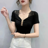 Folds Diamonds T-shirt Casual Gauze Spliced Female Clothing Sequined Slim Sexy V-Neck Summer Letter Printed Pullovers-Outfit