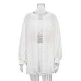 Fongt Women's Wear 2023 New Summer Long-Sleeved White Shirt Loose Suit Strapless High-Waisted Shorts Three-Piece Set-Outfit