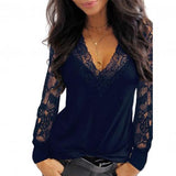 V Neck Lace Trim See Through Long Sleeve