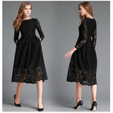Fongt 2025 New Women's Dress Round Collar Hollow Simple Lace Long Sleeves Medium Long