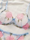Blue Sheer Rose Embroidered Lingerie Set-Outfit