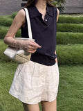 Fongt Tiansi Linen Tibetan Blue Cool Design Small Gentle Polo Collar Sleeveless Vest Topess Female Summer
